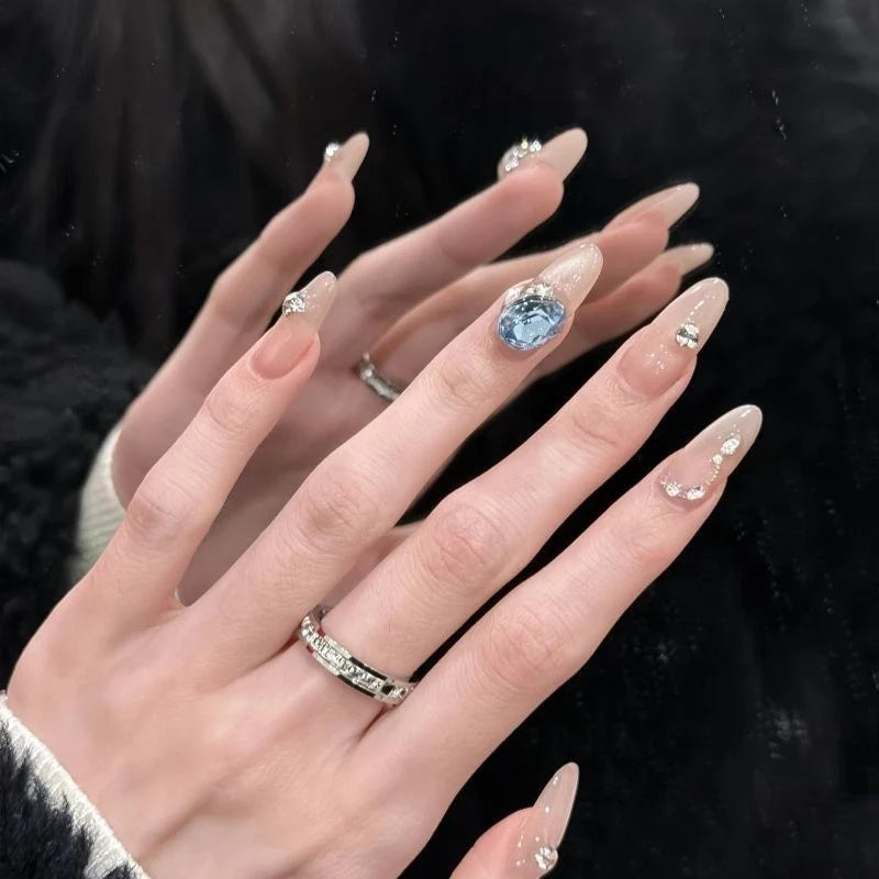 Everyday Nail Art Press-On Nails, 32 Designs — Nude Crystal Blue Flower