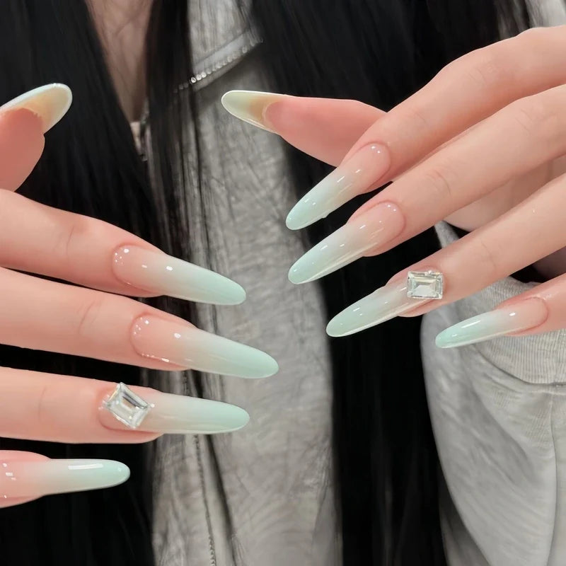Everyday Nail Art Press-On Nails, 32 Designs — Mint Green French Crystal