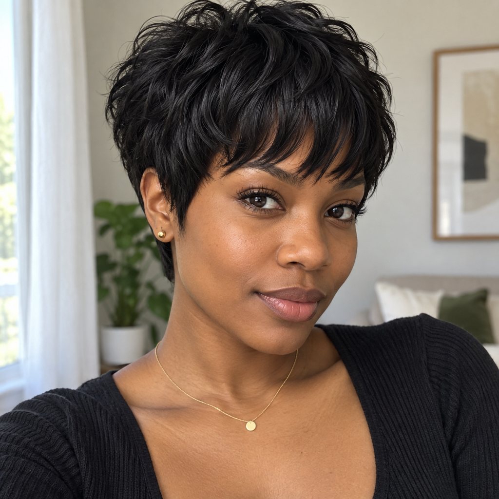 Glueless Pixie Human Hair Wig with Bangs, 6 Inch