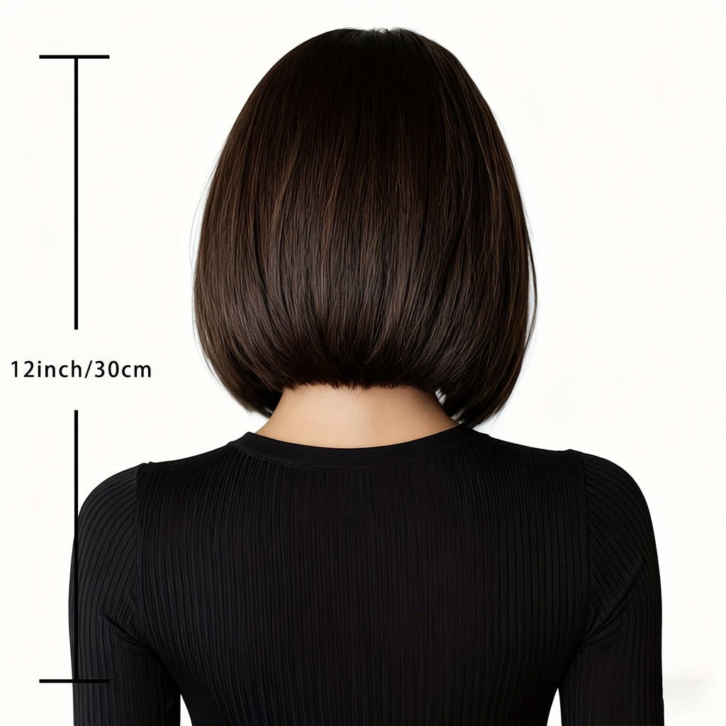 Short Bob Wig with Bangs - Brown Synthetic - WigWonders