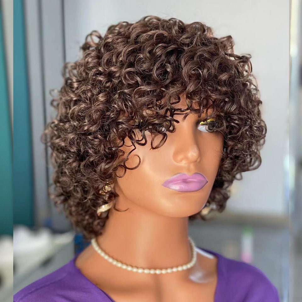 Short Curly Human Hair Wig with Bangs - WigWonders