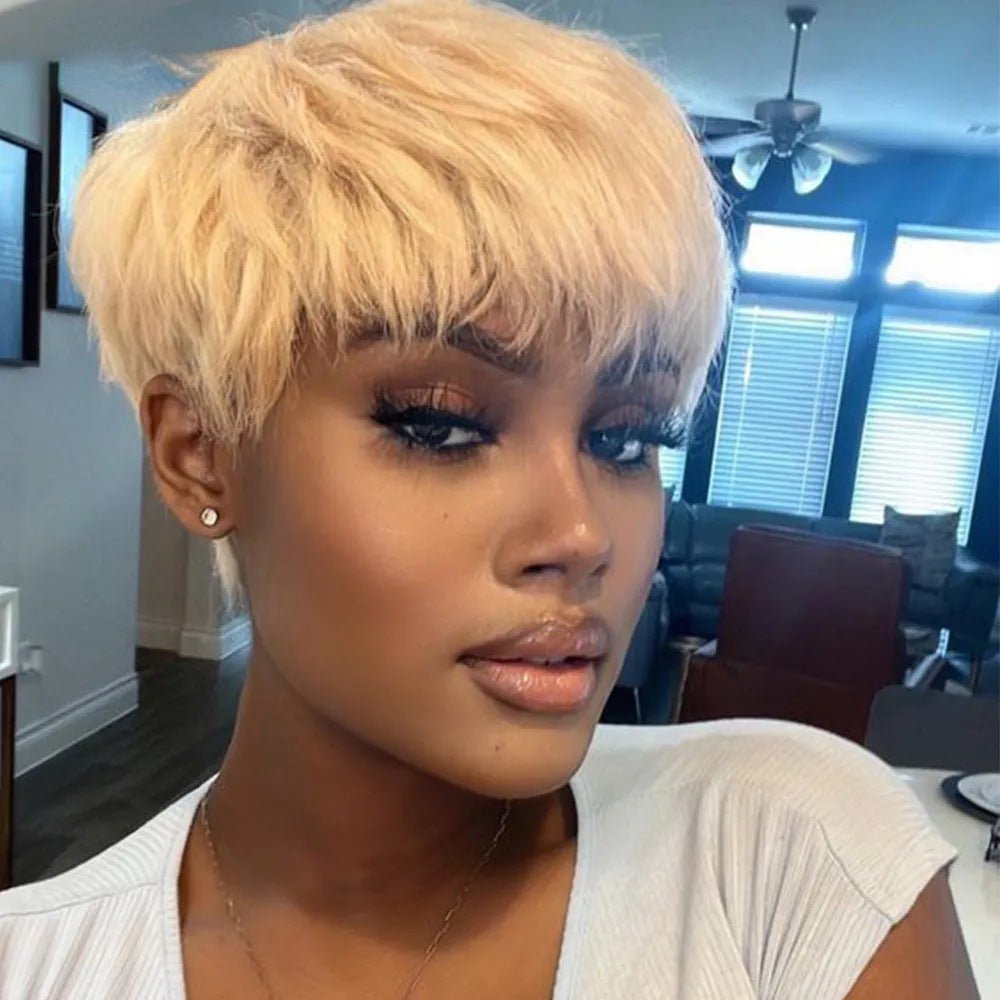 Short Pixie Human Hair Wig - Platinum Blonde - WigWonders