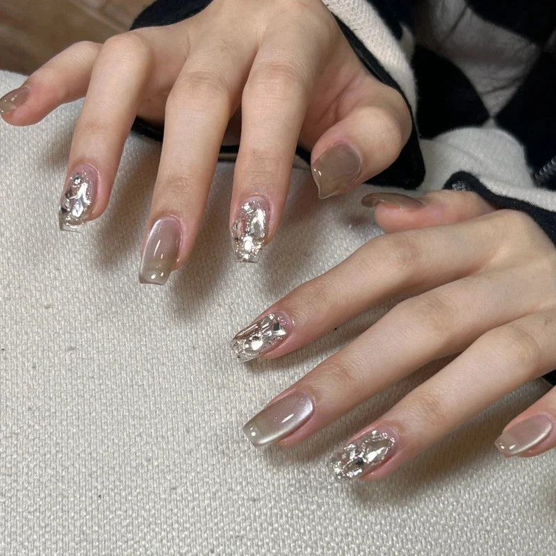 Everyday Nail Art Press-On Nails, 32 Designs — Taupe Silver Glitter